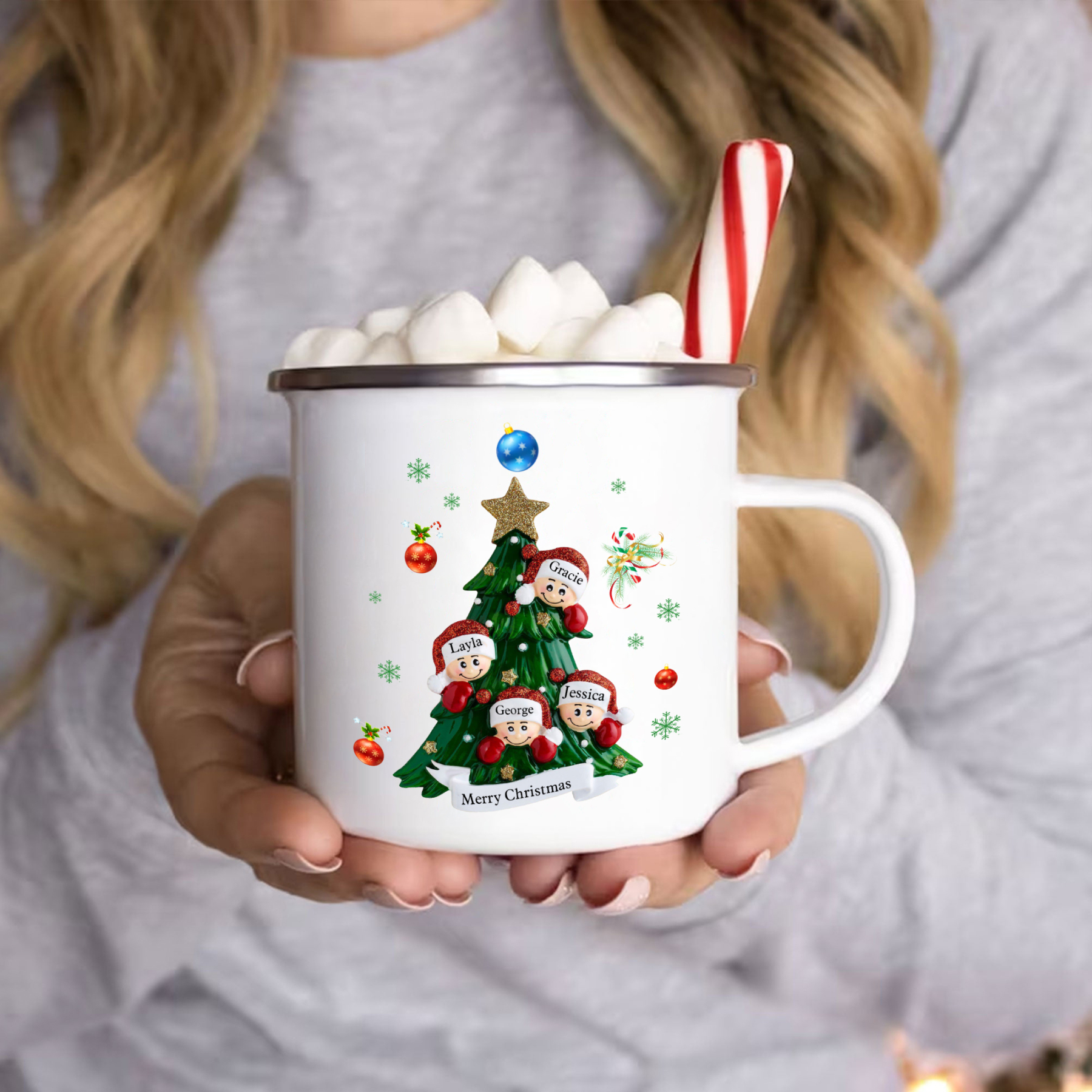 Personalised Enamel Mug Christmas Tree Family Mug Custom 2-8 Names Ceramic Gift for Loved Ones-Jessemade AU