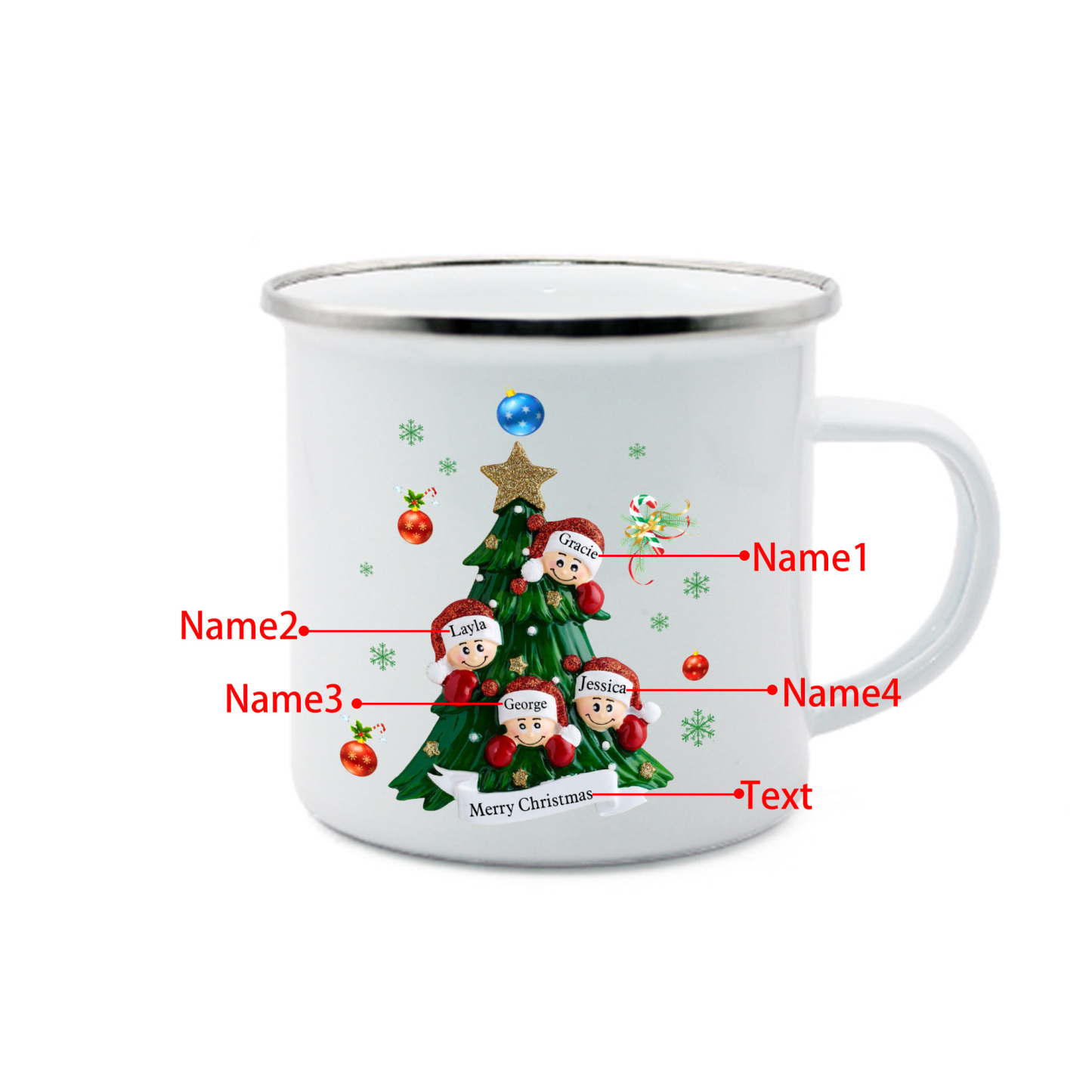 Personalised Enamel Mug Christmas Tree Family Mug Custom 2-8 Names Ceramic Gift for Loved Ones-Jessemade AU