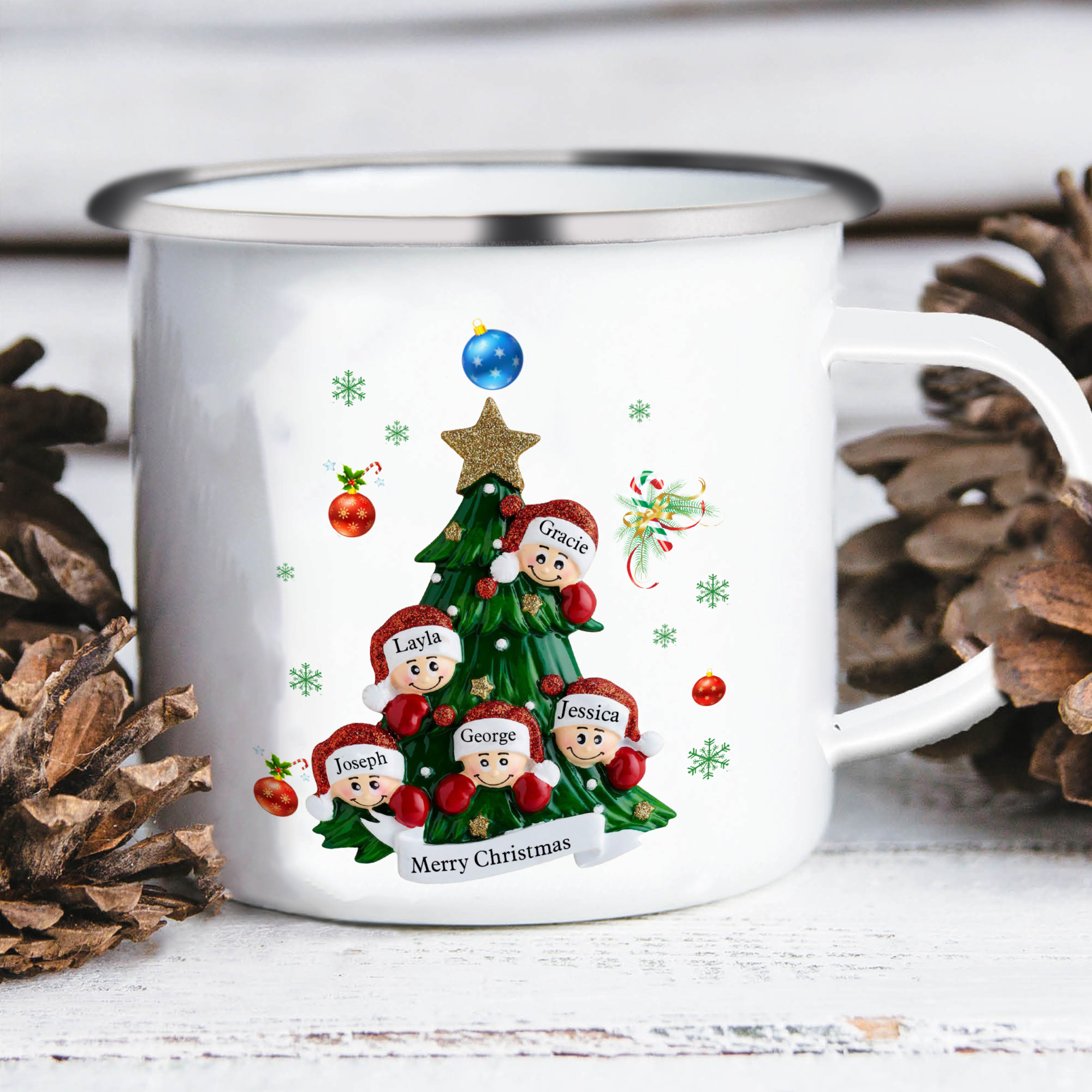 Personalised Enamel Mug Christmas Tree Family Mug Custom 2-8 Names Ceramic Gift for Loved Ones-Jessemade AU