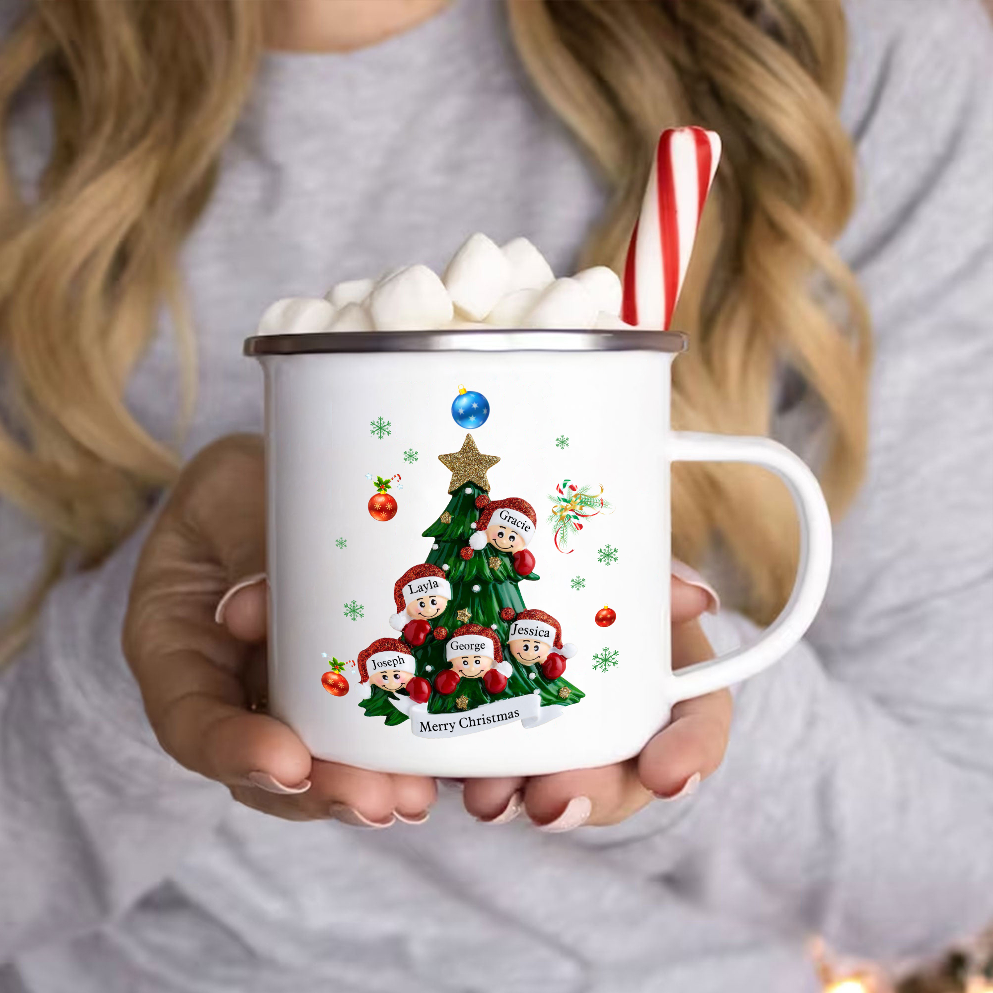 Personalised Enamel Mug Christmas Tree Family Mug Custom 2-8 Names Ceramic Gift for Loved Ones-Jessemade AU