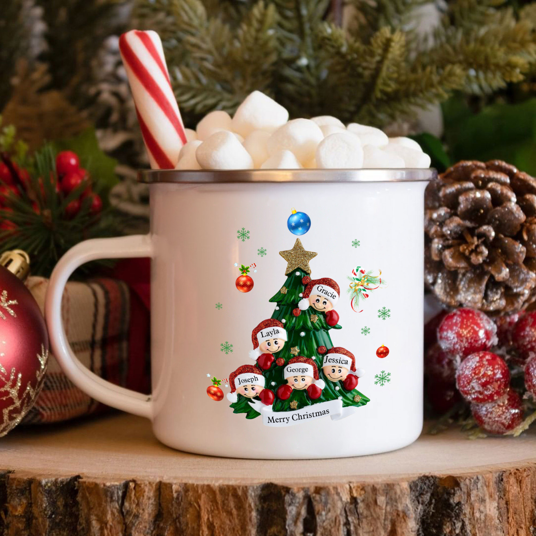 Personalised Enamel Mug Christmas Tree Family Mug Custom 2-8 Names Ceramic Gift for Loved Ones-Jessemade AU