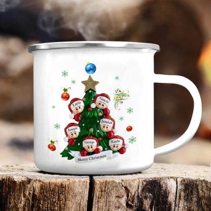 Personalised Enamel Mug Christmas Tree Family Mug Custom 2-8 Names Ceramic Gift for Loved Ones-Jessemade AU