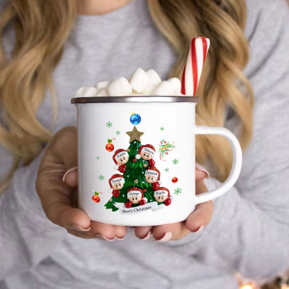 Personalised Enamel Mug Christmas Tree Family Mug Custom 2-8 Names Ceramic Gift for Loved Ones-Jessemade AU