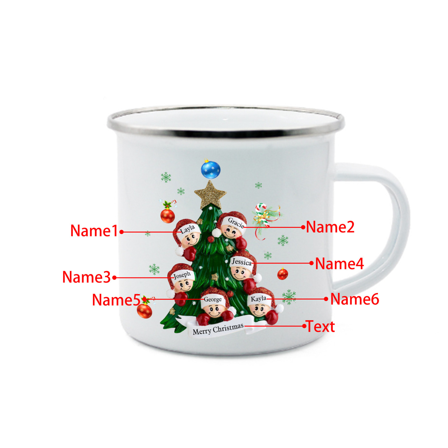 Personalised Enamel Mug Christmas Tree Family Mug Custom 2-8 Names Ceramic Gift for Loved Ones-Jessemade AU