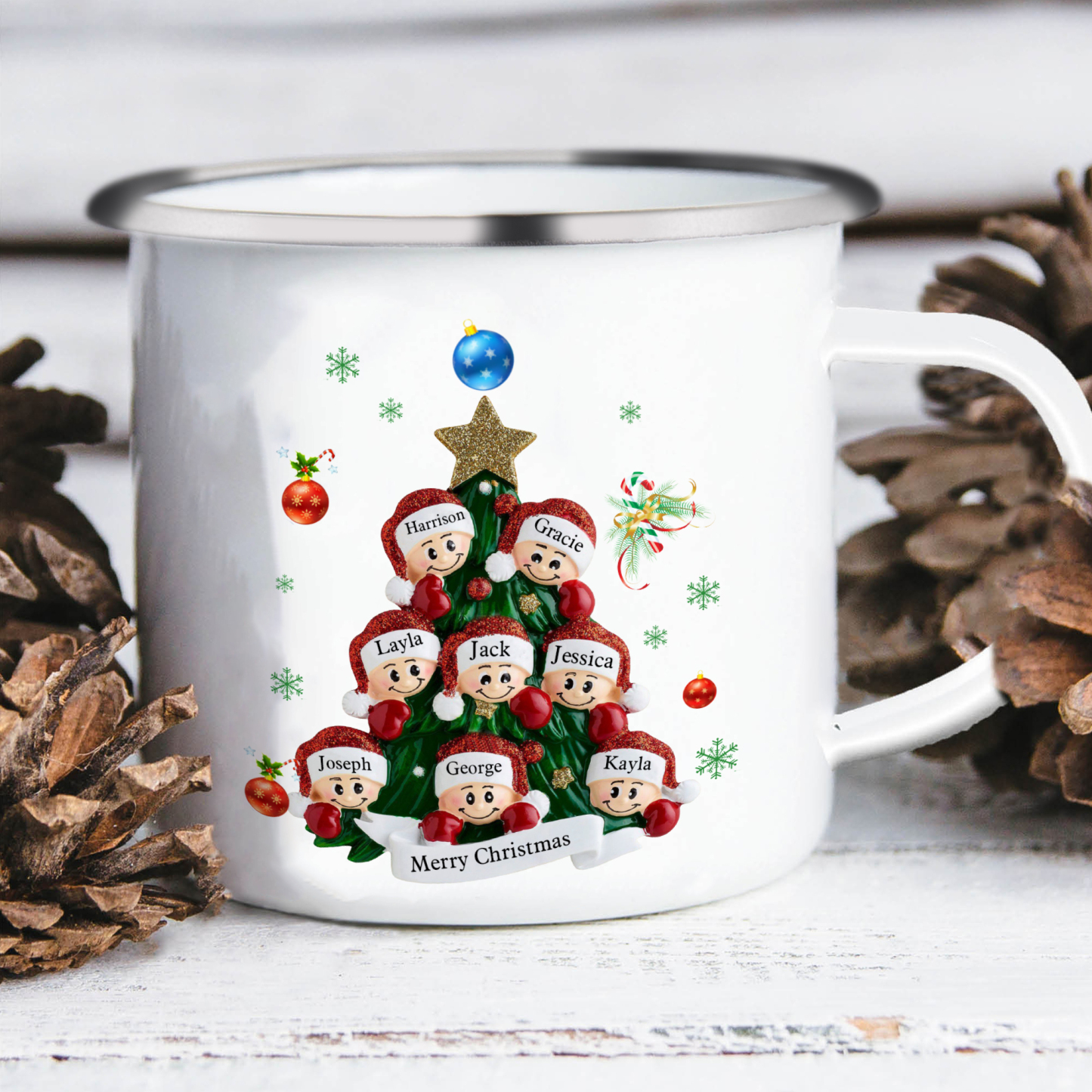 Personalised Enamel Mug Christmas Tree Family Mug Custom 2-8 Names Ceramic Gift for Loved Ones-Jessemade AU