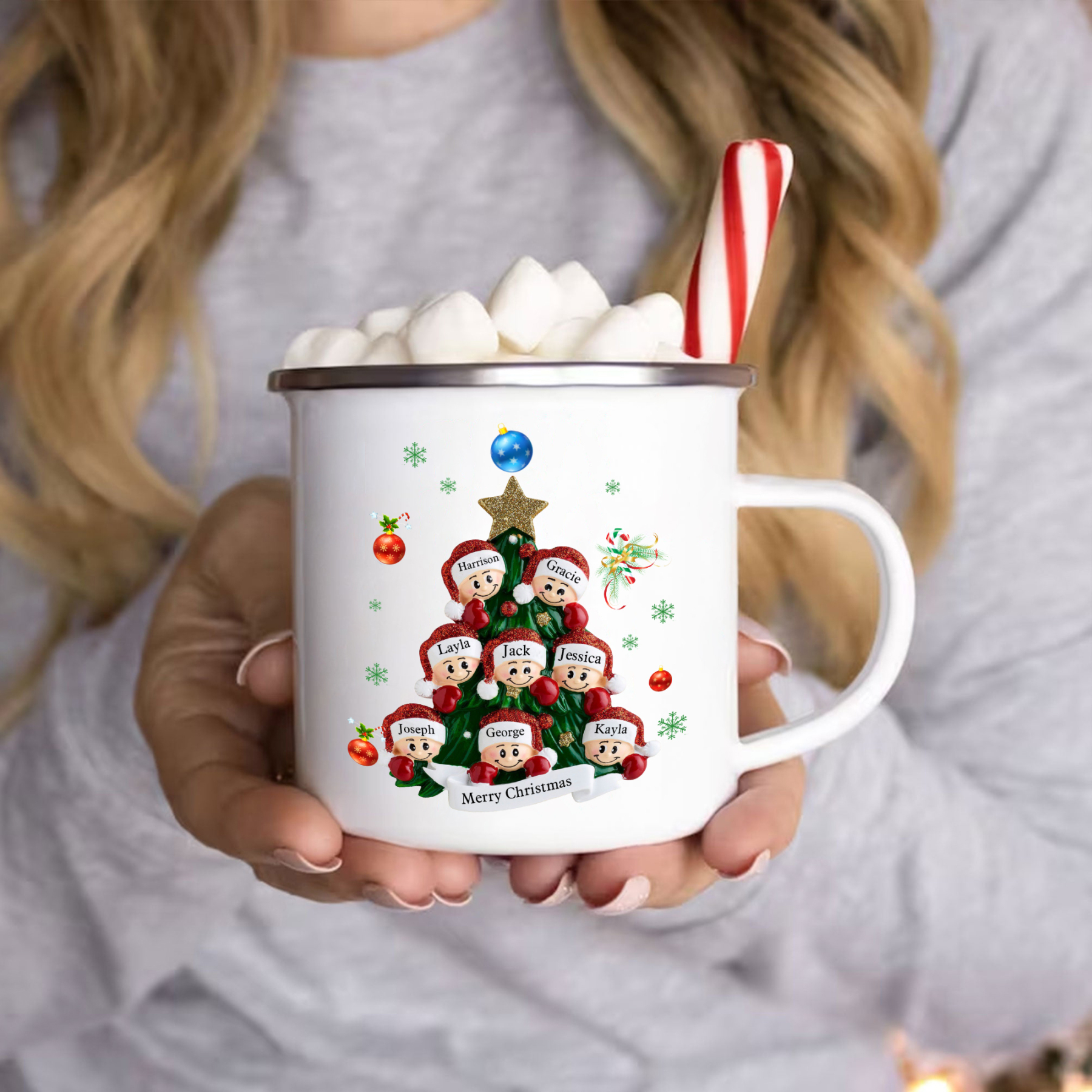 Personalised Enamel Mug Christmas Tree Family Mug Custom 2-8 Names Ceramic Gift for Loved Ones-Jessemade AU