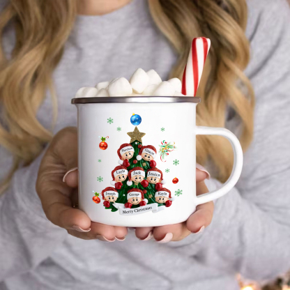 Personalised Enamel Mug Christmas Tree Family Mug Custom 2-8 Names Ceramic Gift for Loved Ones-Jessemade AU