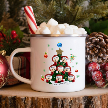 Personalised Enamel Mug Christmas Tree Family Mug Custom 2-8 Names Ceramic Gift for Loved Ones-Jessemade AU
