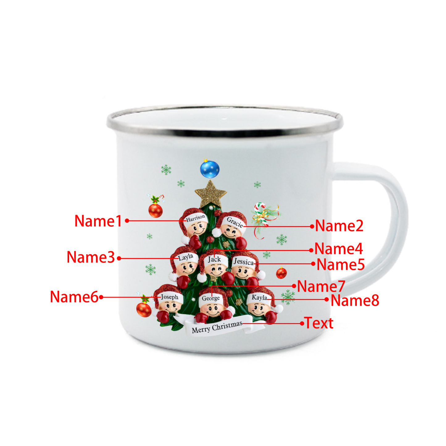 Personalised Enamel Mug Christmas Tree Family Mug Custom 2-8 Names Ceramic Gift for Loved Ones-Jessemade AU
