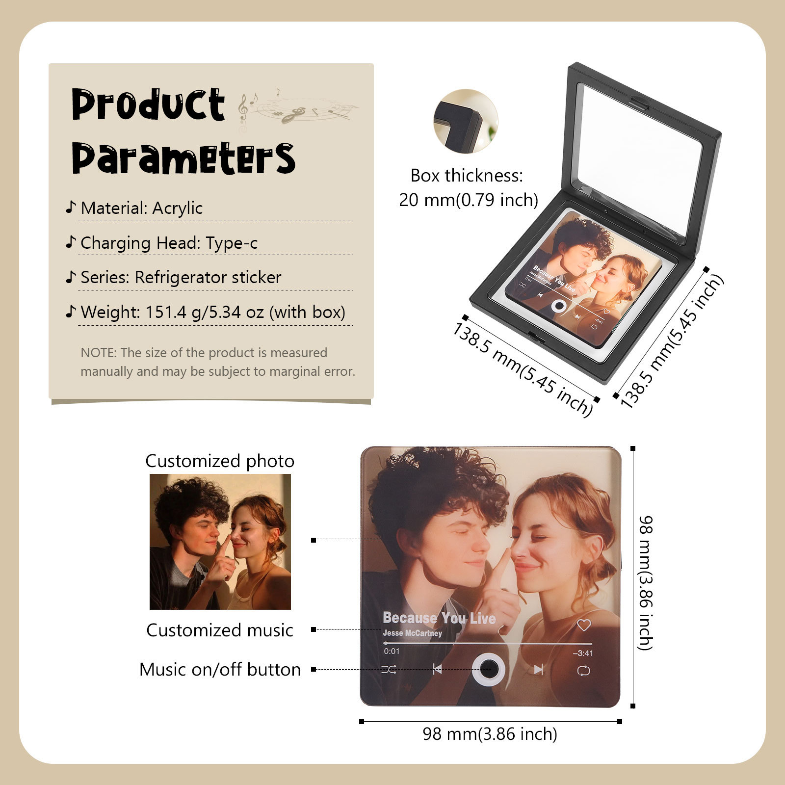 Personalised Photo Album Fridge Magnet Wall Photo Sticker Music Movement Music Fridge Magnet Without Cell Phone Custom Photo & Music Gift