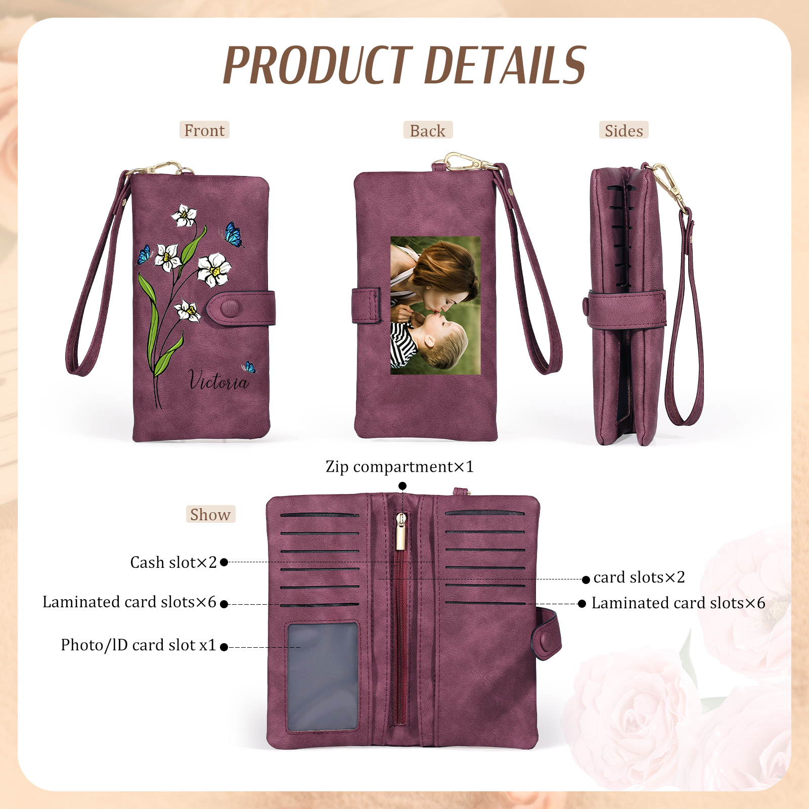 Personalised Women Wallet Custom Birth Flower Name Photo Valentines Day Gift