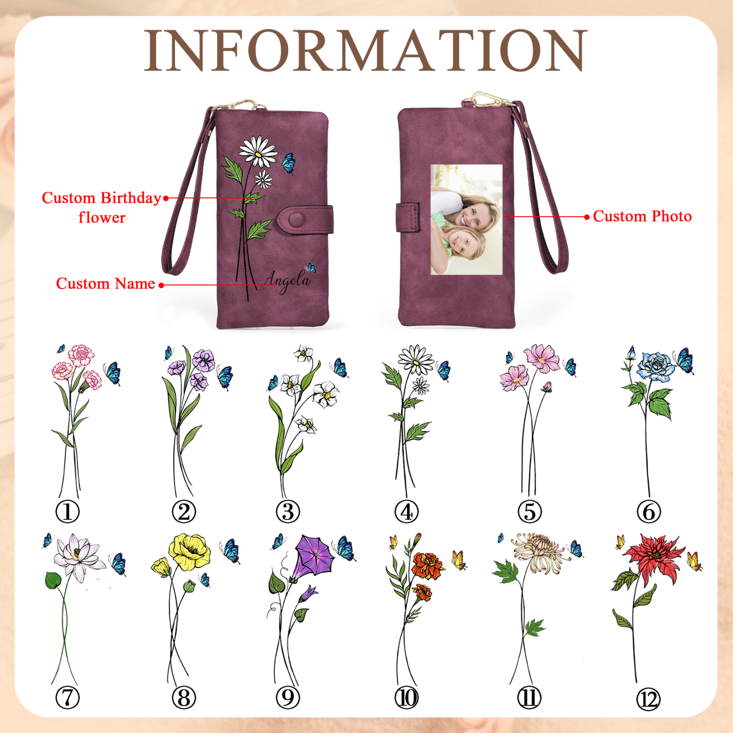 Personalised Women Wallet Custom Birth Flower Name Photo Valentines Day Gift