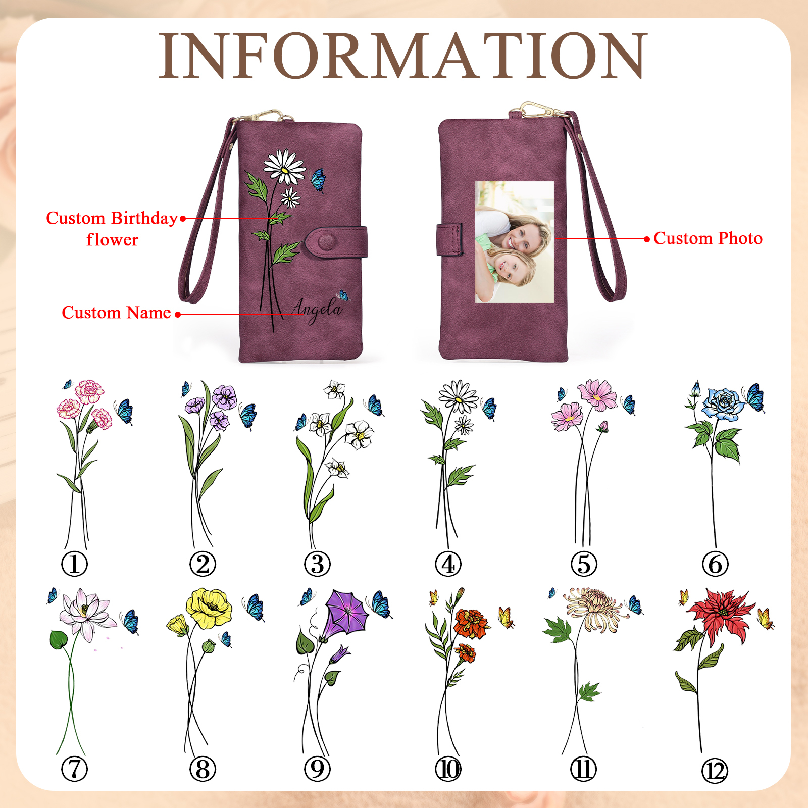 Personalised Women Wallet Custom Birth Flower Name Photo Valentines Day Gift