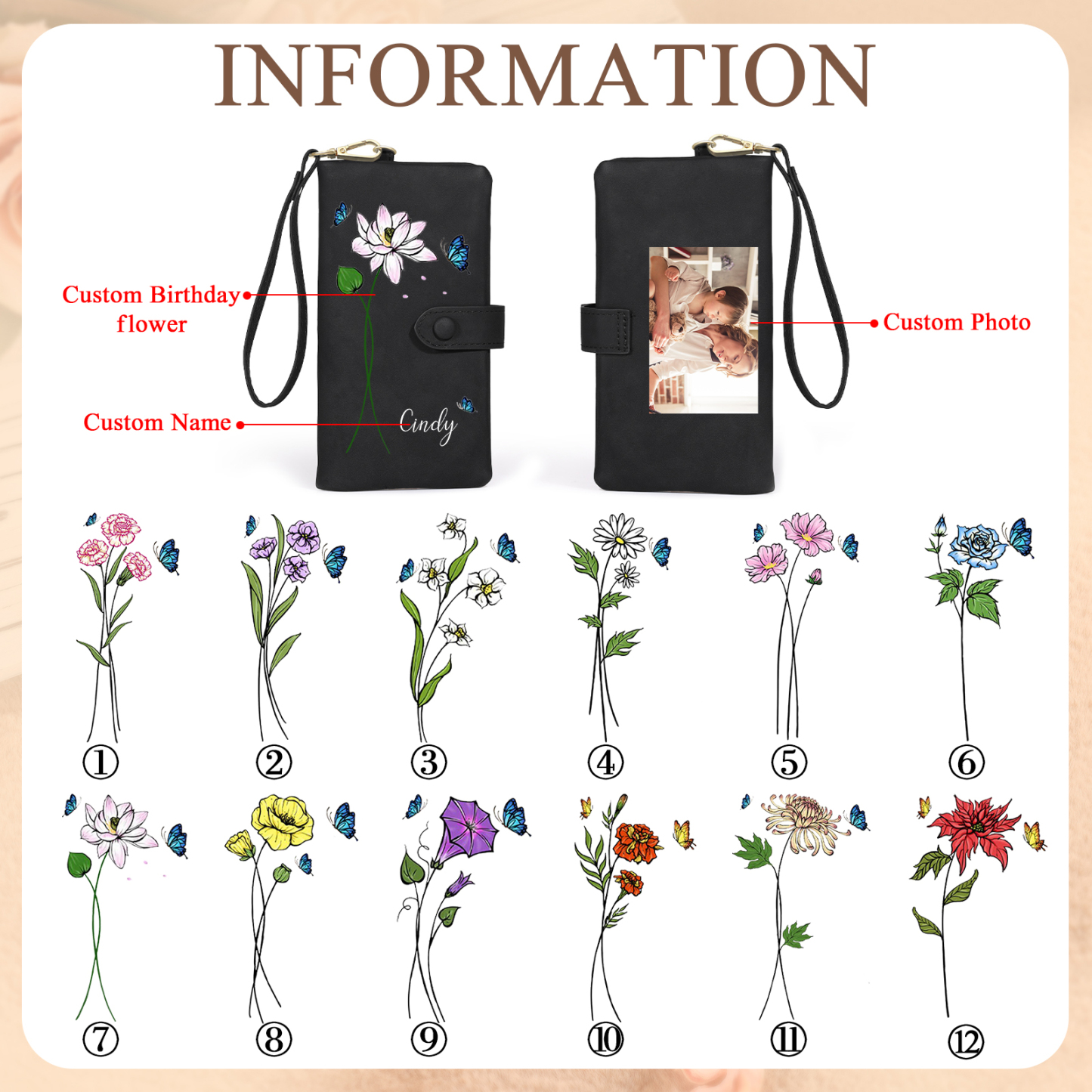 Personalised Women Wallet Custom Birth Flower Name Photo Valentines Day Gift