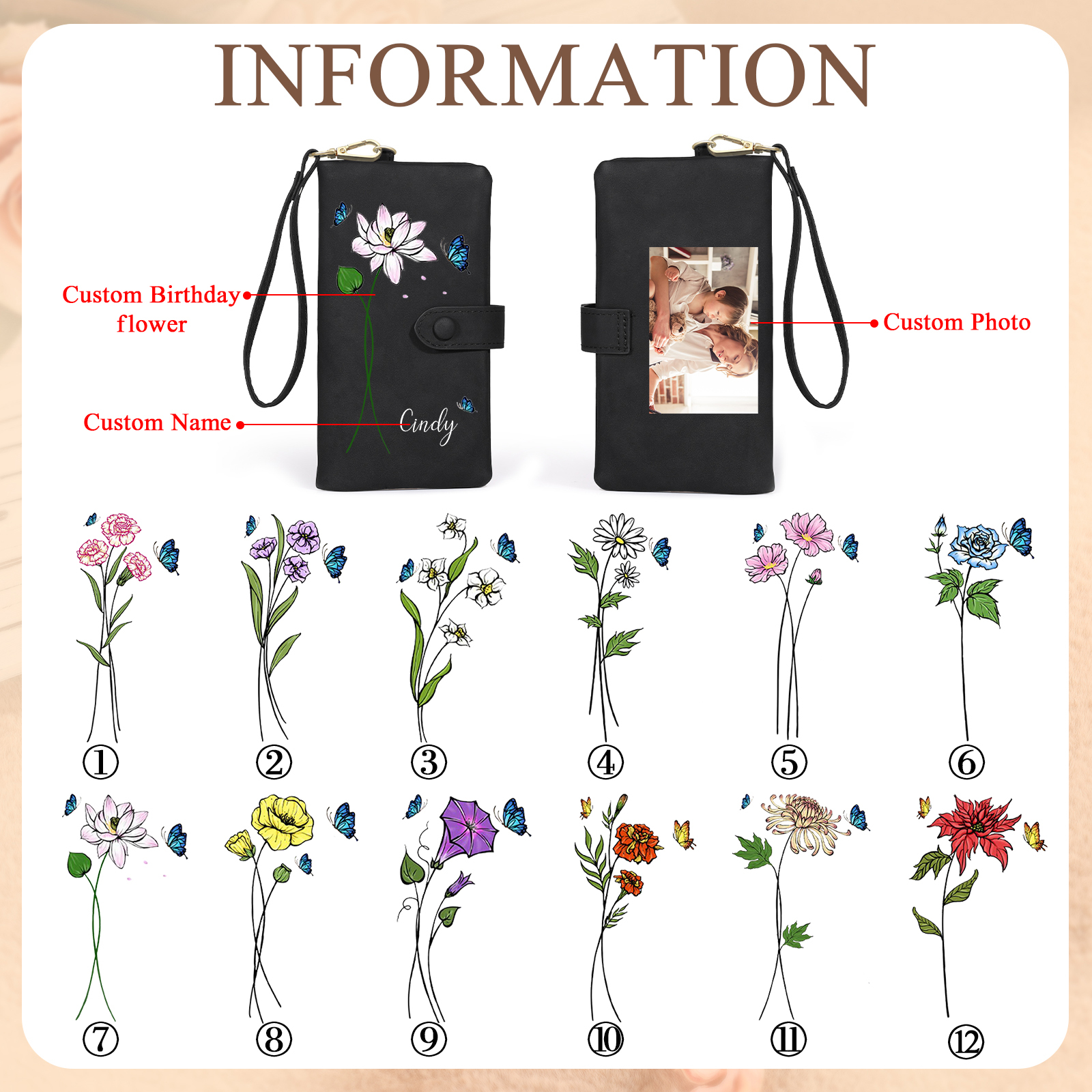 Personalised Women Wallet Custom Birth Flower Name Photo Valentines Day Gift