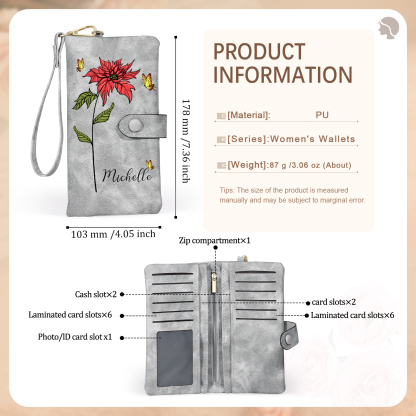 Personalised Women Wallet Custom Birth Flower Name Photo Valentines Day Gift