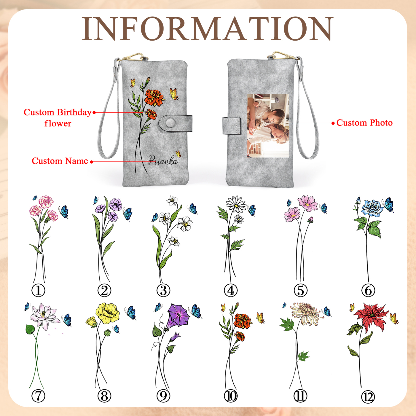 Personalised Women Wallet Custom Birth Flower Name Photo Valentines Day Gift