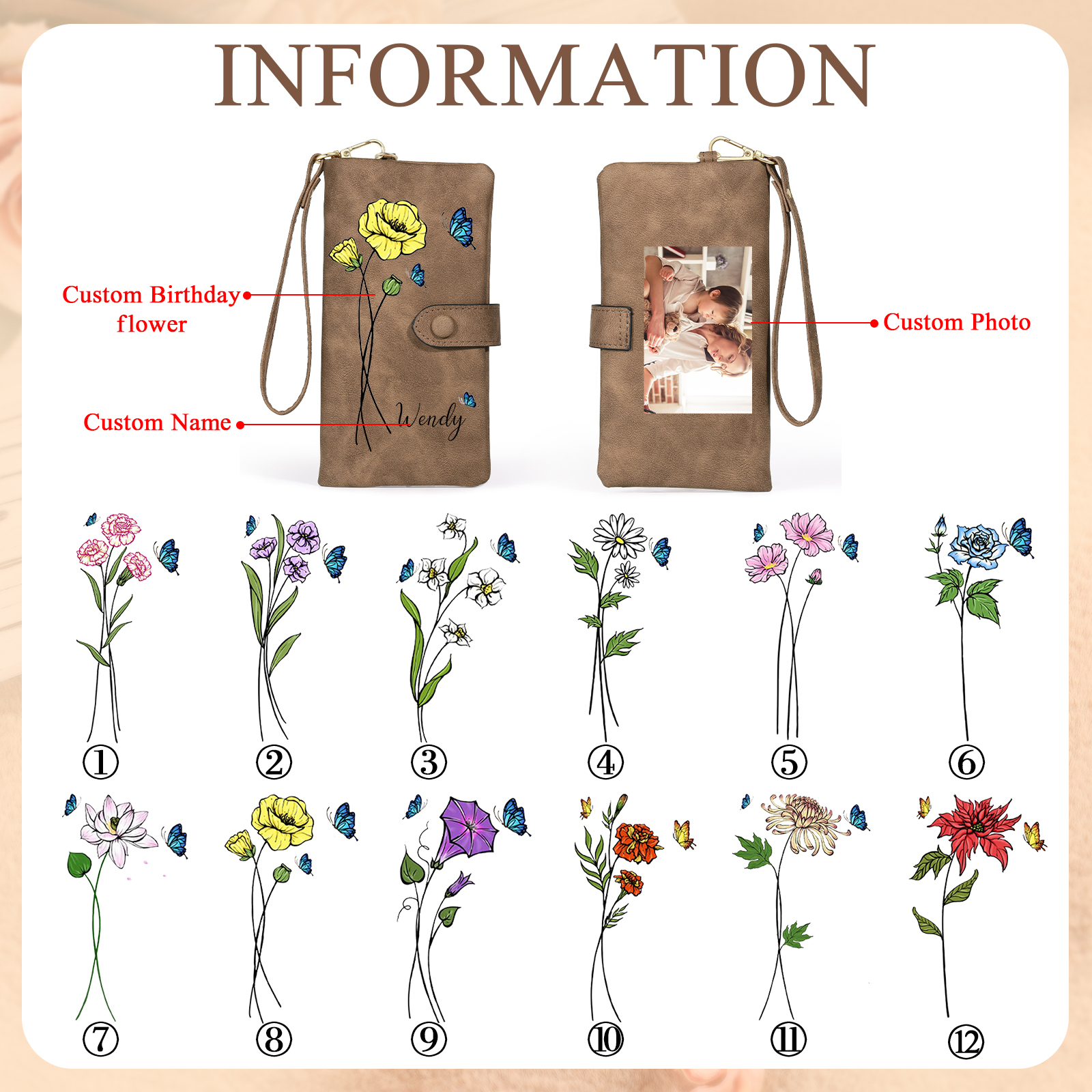 Personalised Women Wallet Custom Birth Flower Name Photo Valentines Day Gift