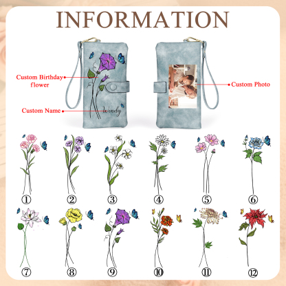 Personalised Women Wallet Custom Birth Flower Name Photo Valentines Day Gift