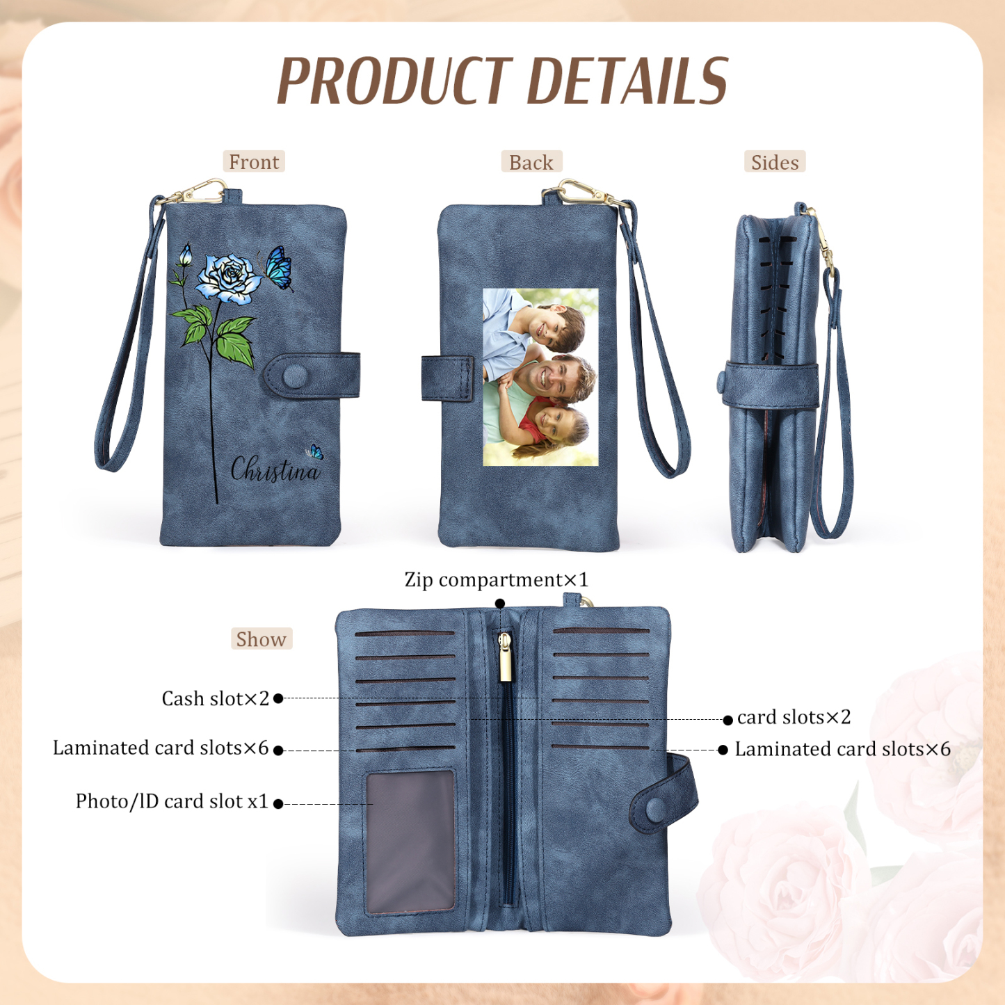 Personalised Women Wallet Custom Birth Flower Name Photo Valentines Day Gift