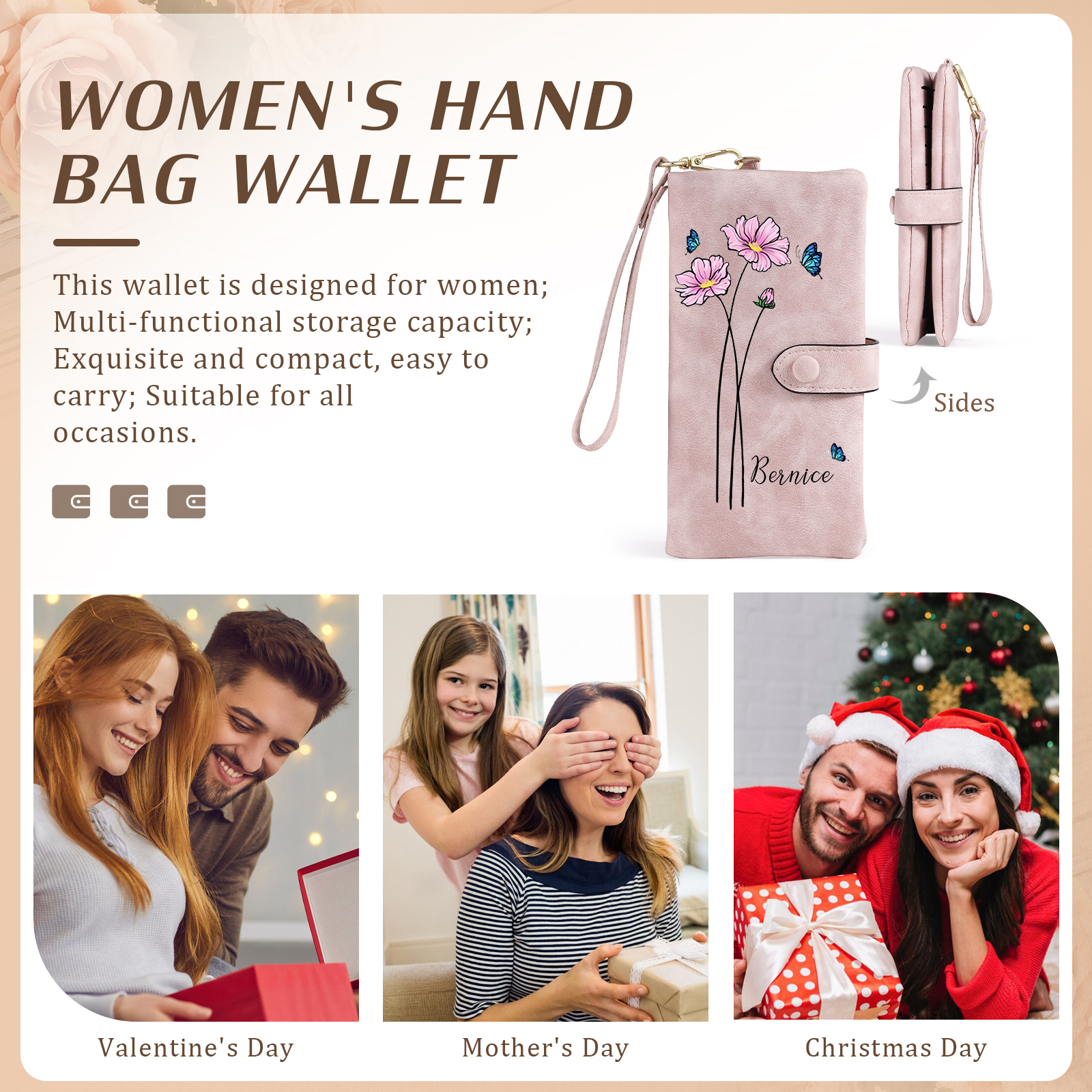 Personalised Women Wallet Custom Birth Flower Name Photo Valentines Day Gift