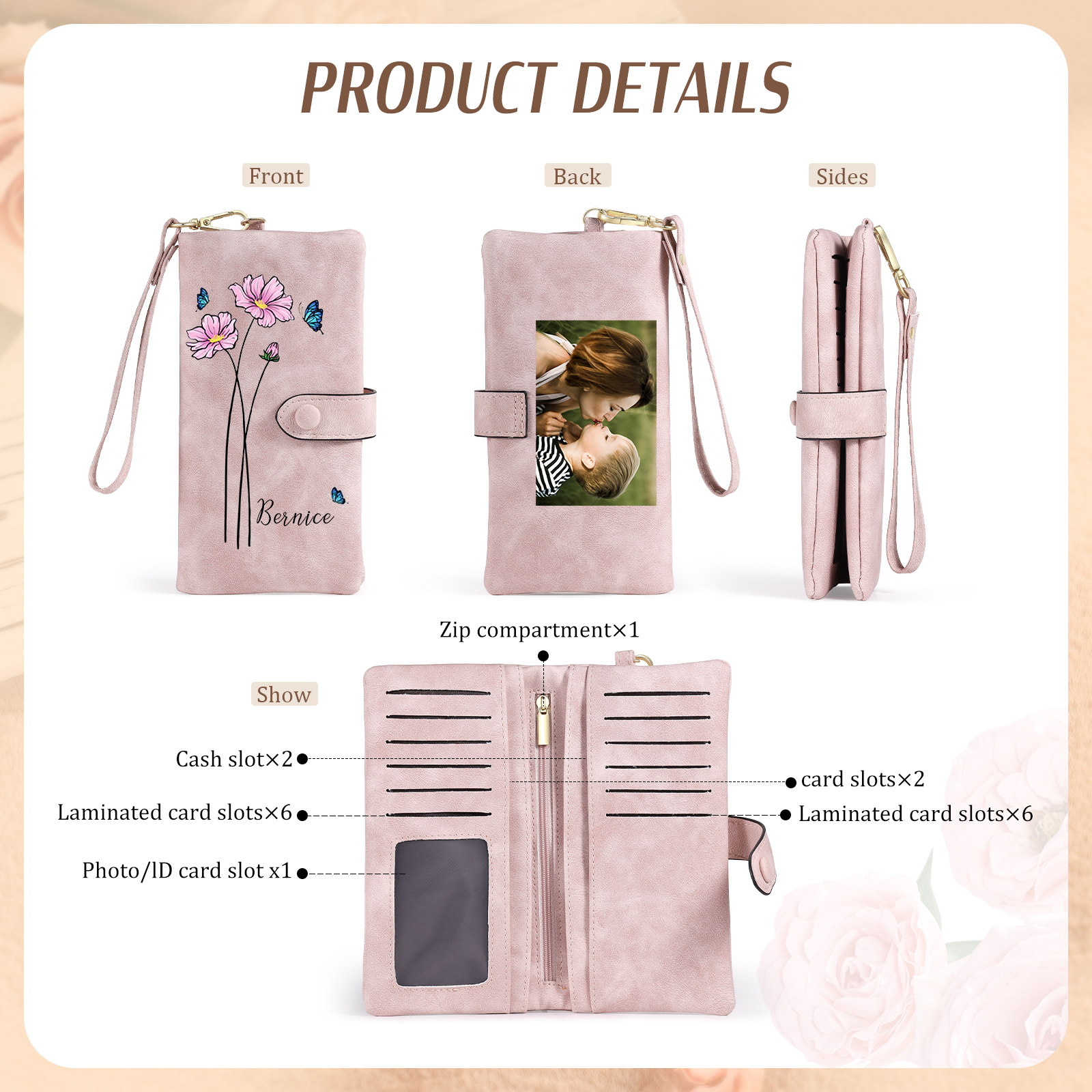Personalised Women Wallet Custom Birth Flower Name Photo Valentines Day Gift