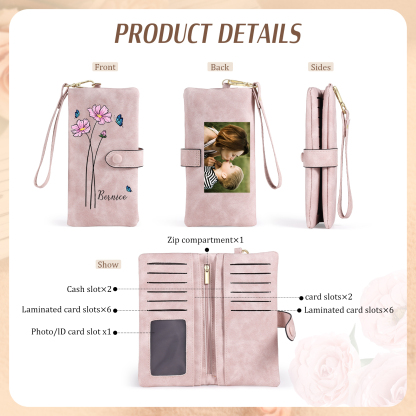 Personalised Women Wallet Custom Birth Flower Name Photo Valentines Day Gift