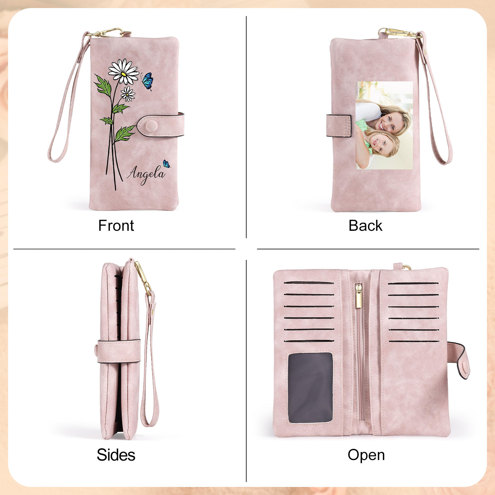 Personalised Women Wallet Custom Birth Flower Name Photo Valentines Day Gift