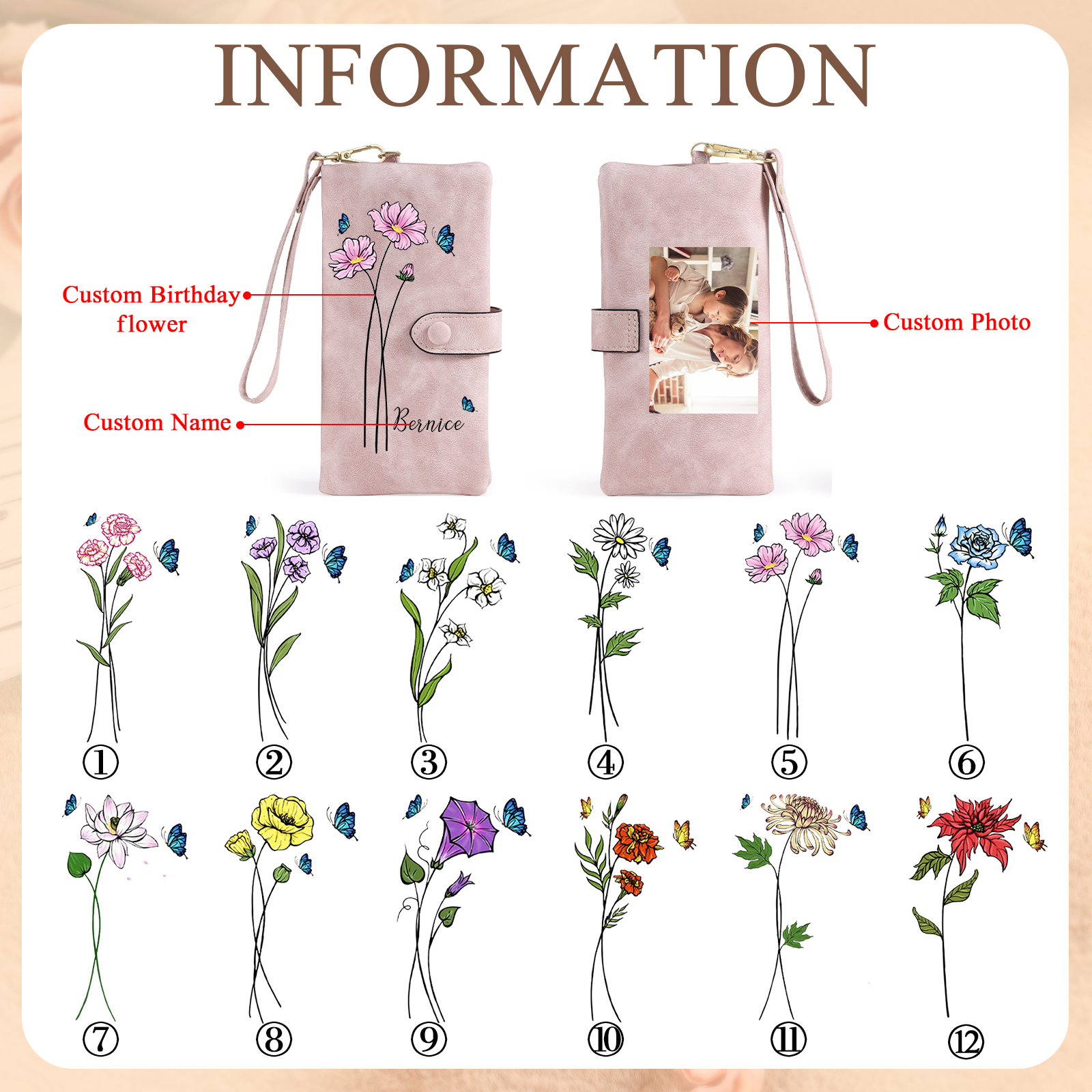 Personalised Women Wallet Custom Birth Flower Name Photo Valentines Day Gift