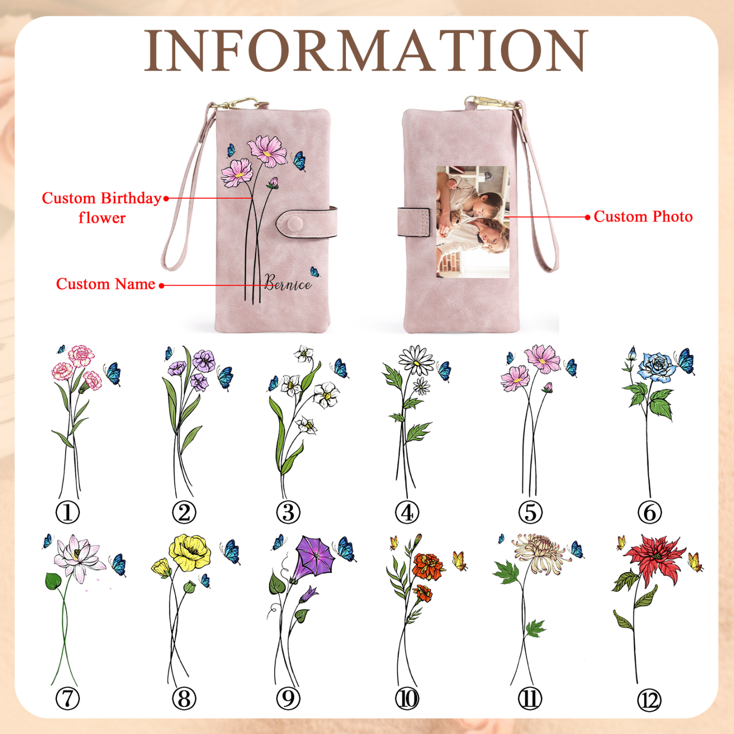 Personalised Women Wallet Custom Birth Flower Name Photo Valentines Day Gift