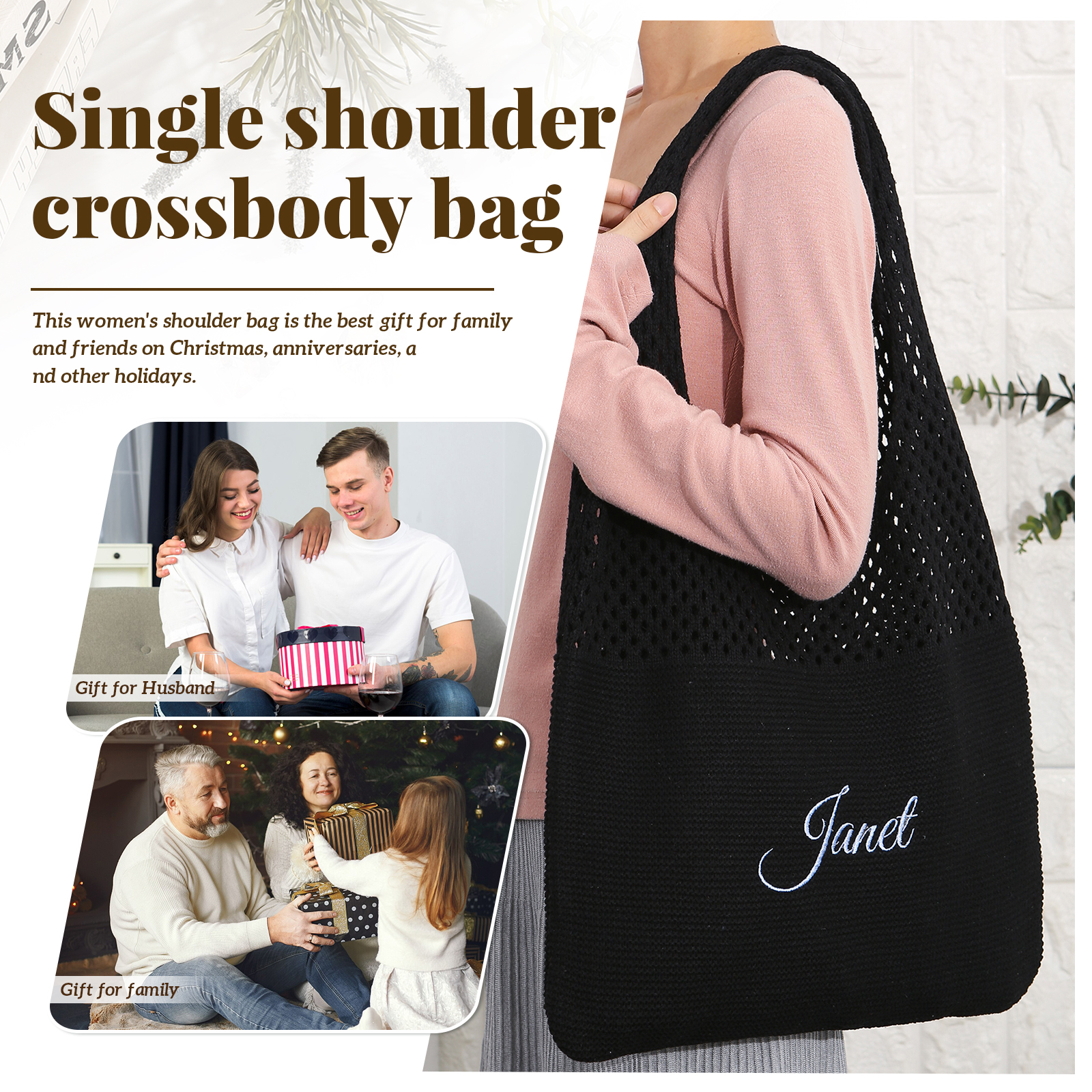 Personalised Women’s Casual Shoulder Bag with 1 Name Hollow Knitting Handbag for Daily Shopping