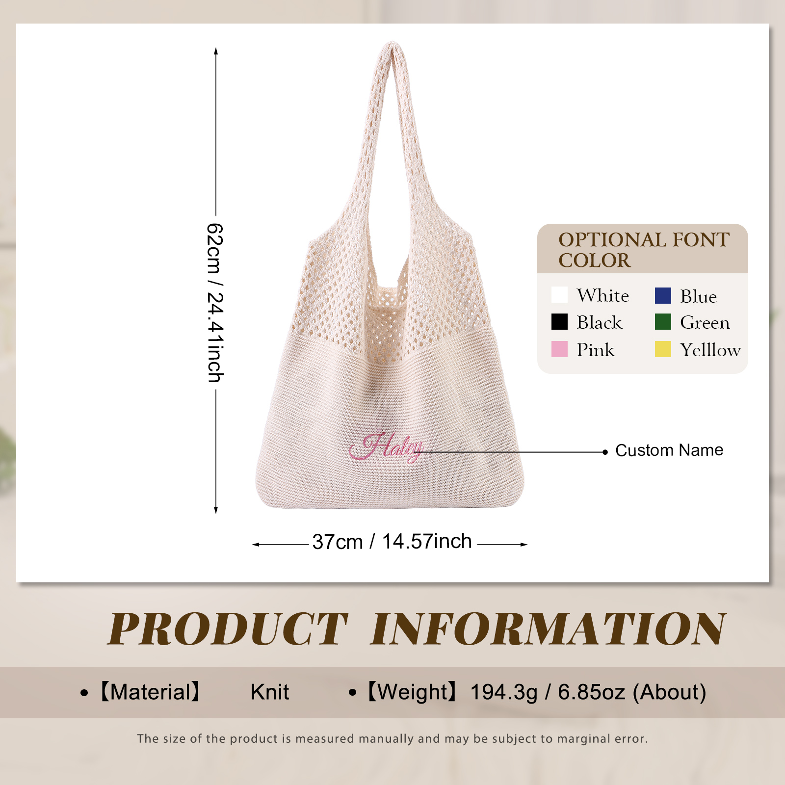 Personalised Women’s Casual Shoulder Bag with 1 Name Hollow Knitting Handbag for Daily Shopping