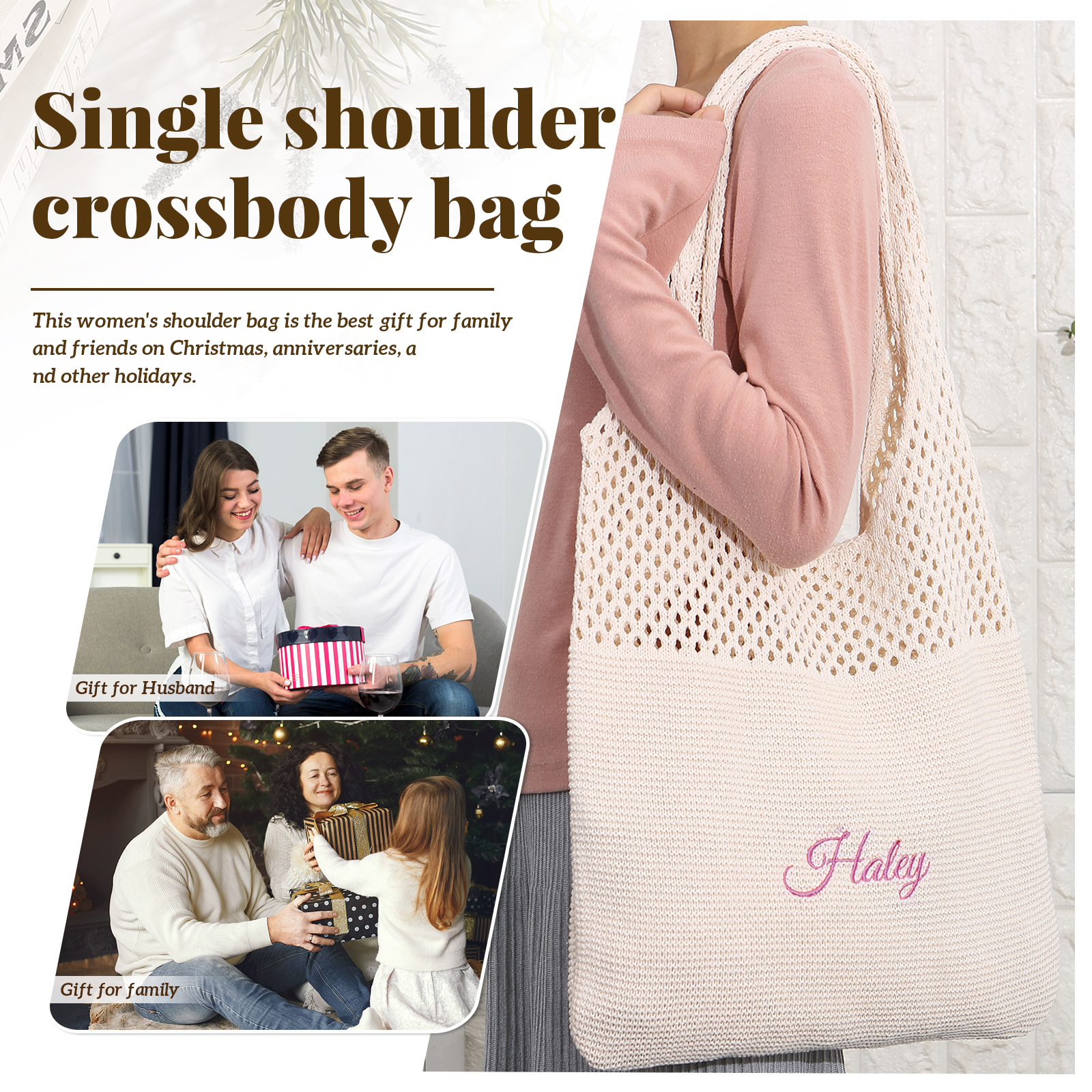 Personalised Women’s Casual Shoulder Bag with 1 Name Hollow Knitting Handbag for Daily Shopping