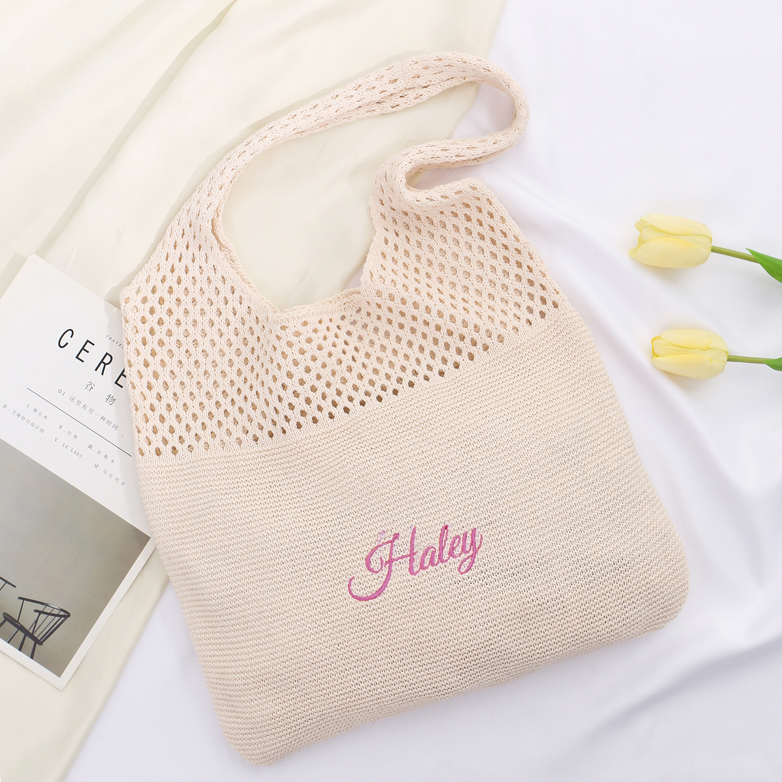 Personalised Women’s Casual Shoulder Bag with 1 Name Hollow Knitting Handbag for Daily Shopping