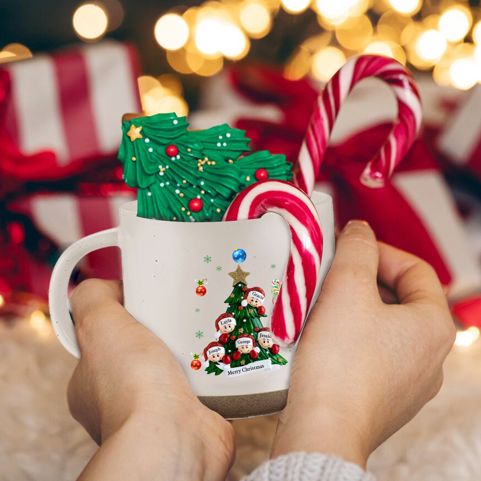 Personalised Christmas Tree Mug with Custom 2-6 Names and Text Perfect Holiday Gift for Family