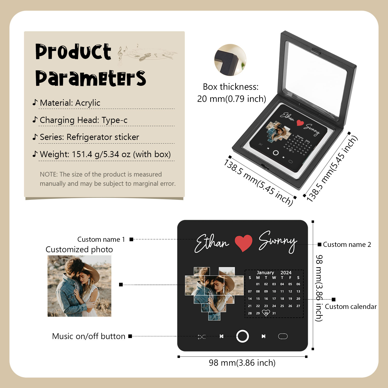 Personalised Music Fridge Magnets with 1 Photo 2 Names and Calendar Custom Gift for Couples