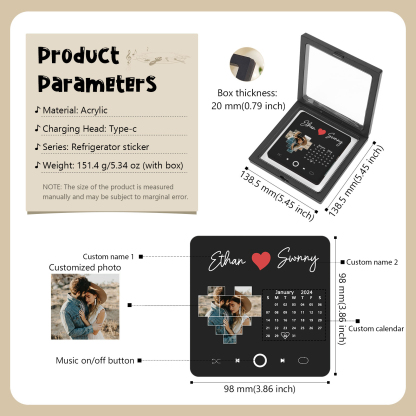 Personalised Music Fridge Magnets with 1 Photo 2 Names and Calendar Custom Gift for Couples