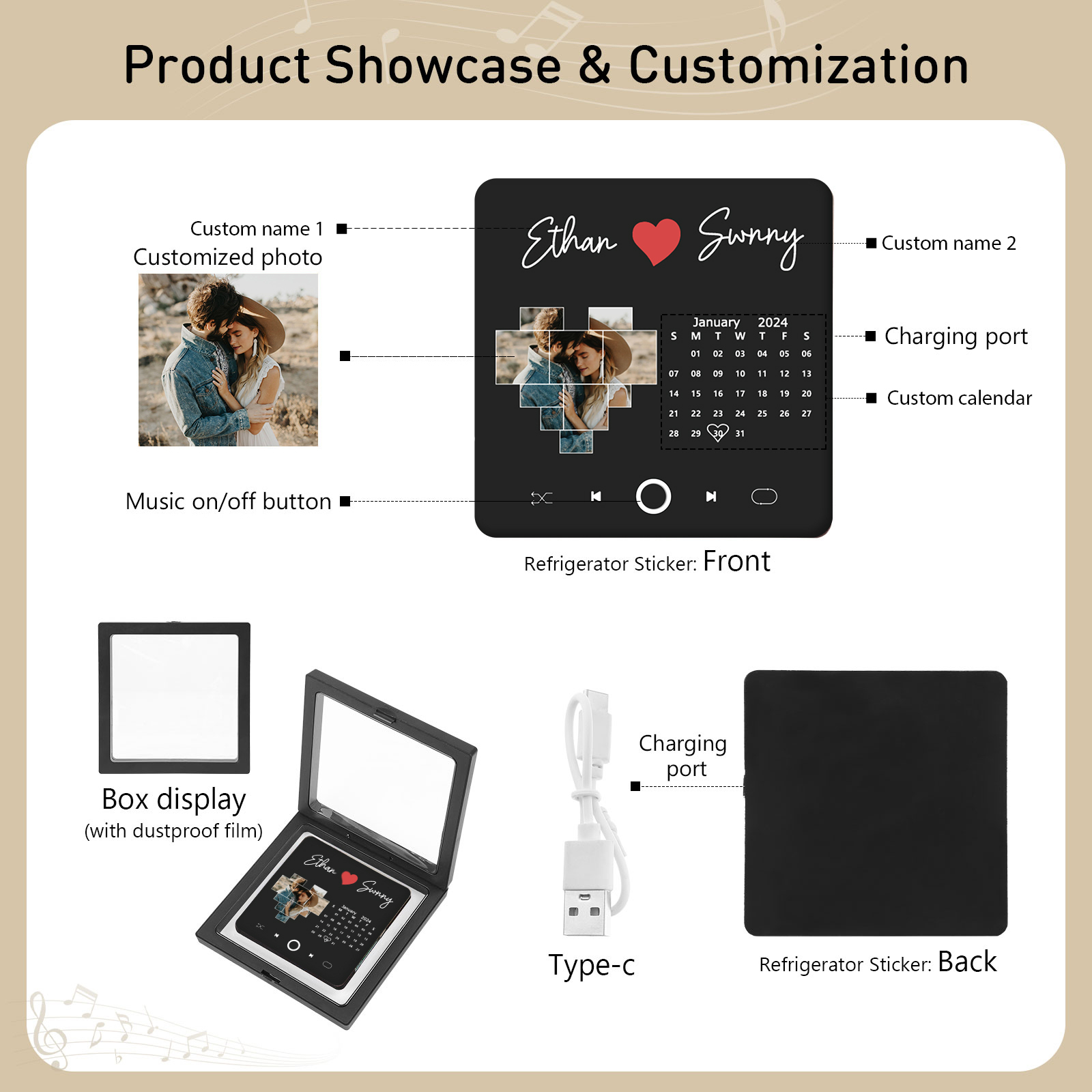 Personalised Music Fridge Magnets with 1 Photo 2 Names and Calendar Custom Gift for Couples