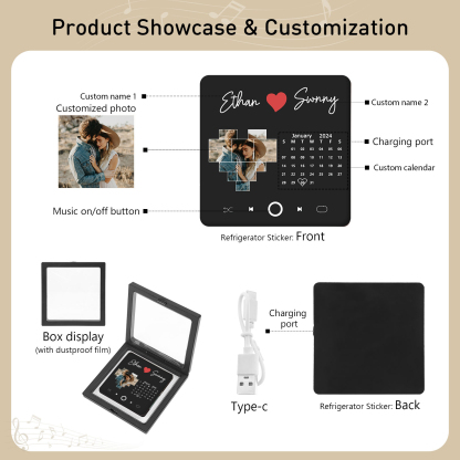 Personalised Music Fridge Magnets with 1 Photo 2 Names and Calendar Custom Gift for Couples