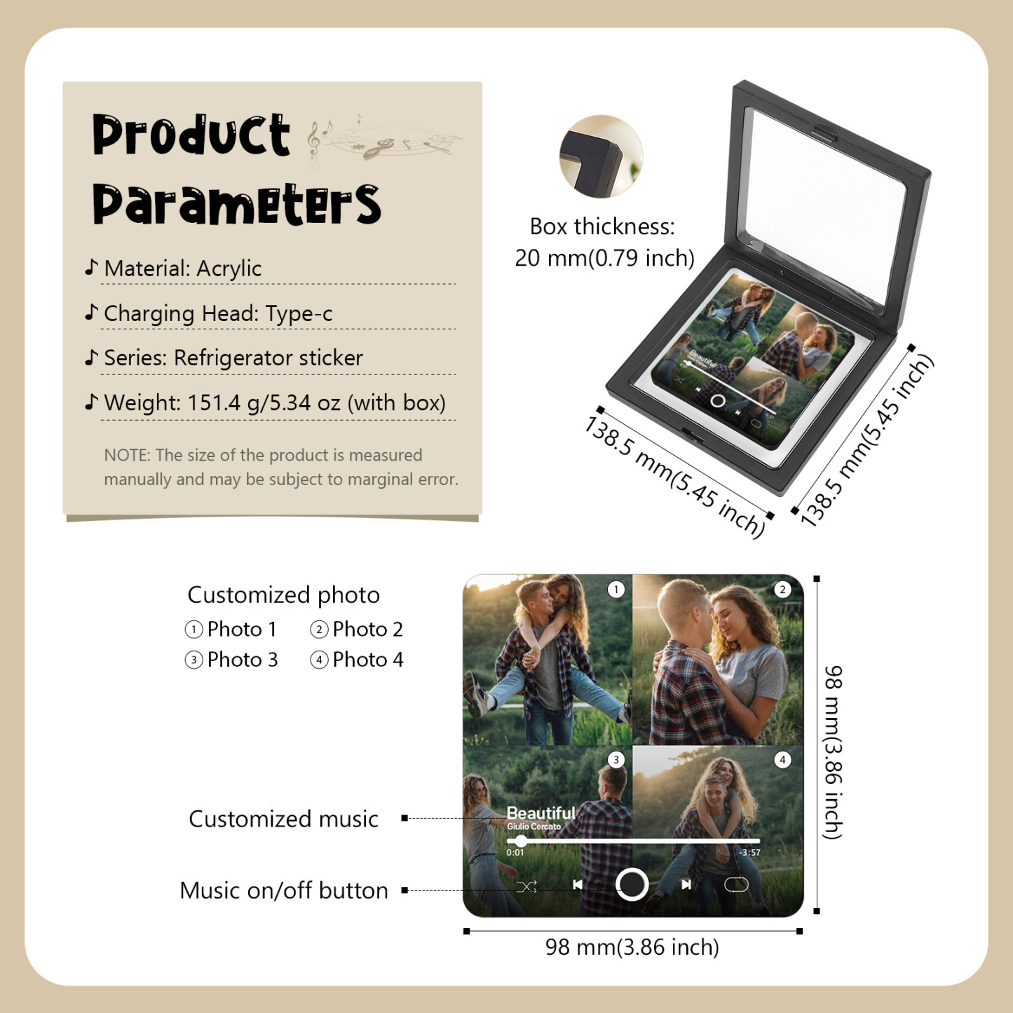 Personalised Music Fridge Magnets with 4 Photos  Custom Gift for Couples with Photos and Song