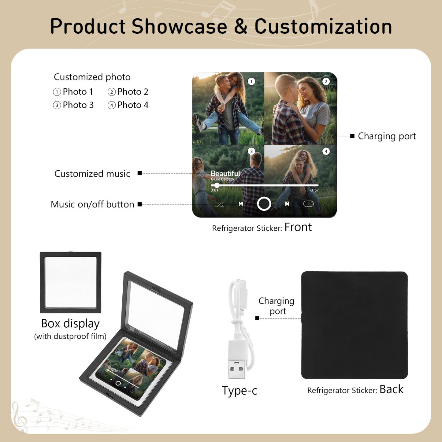 Personalised Music Fridge Magnets with 4 Photos  Custom Gift for Couples with Photos and Song