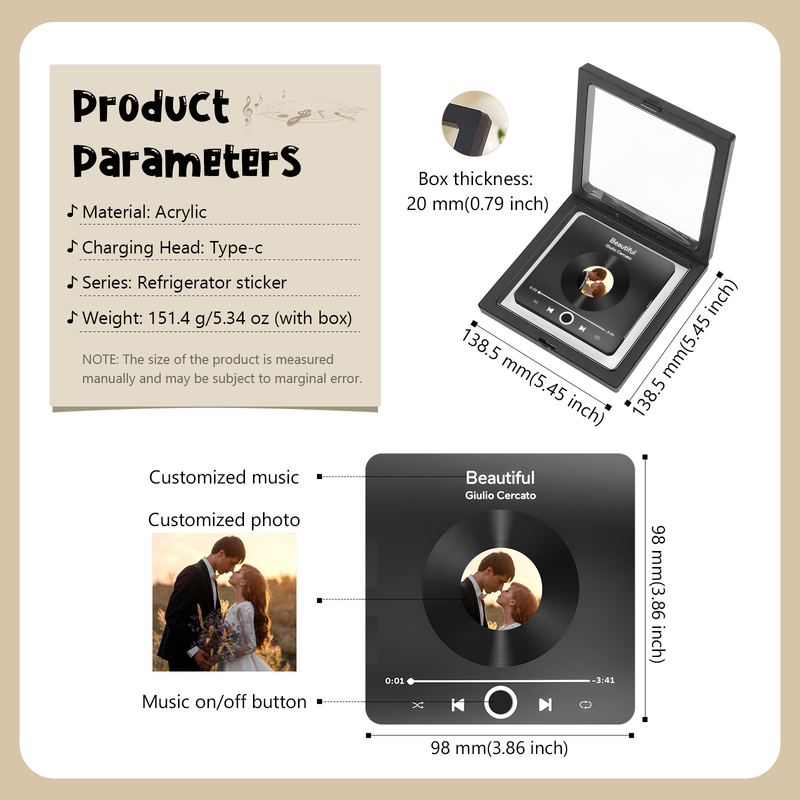 Personalised Music Fridge Magnets for Couples Custom Photo Heartwarming Gift for Loved Ones