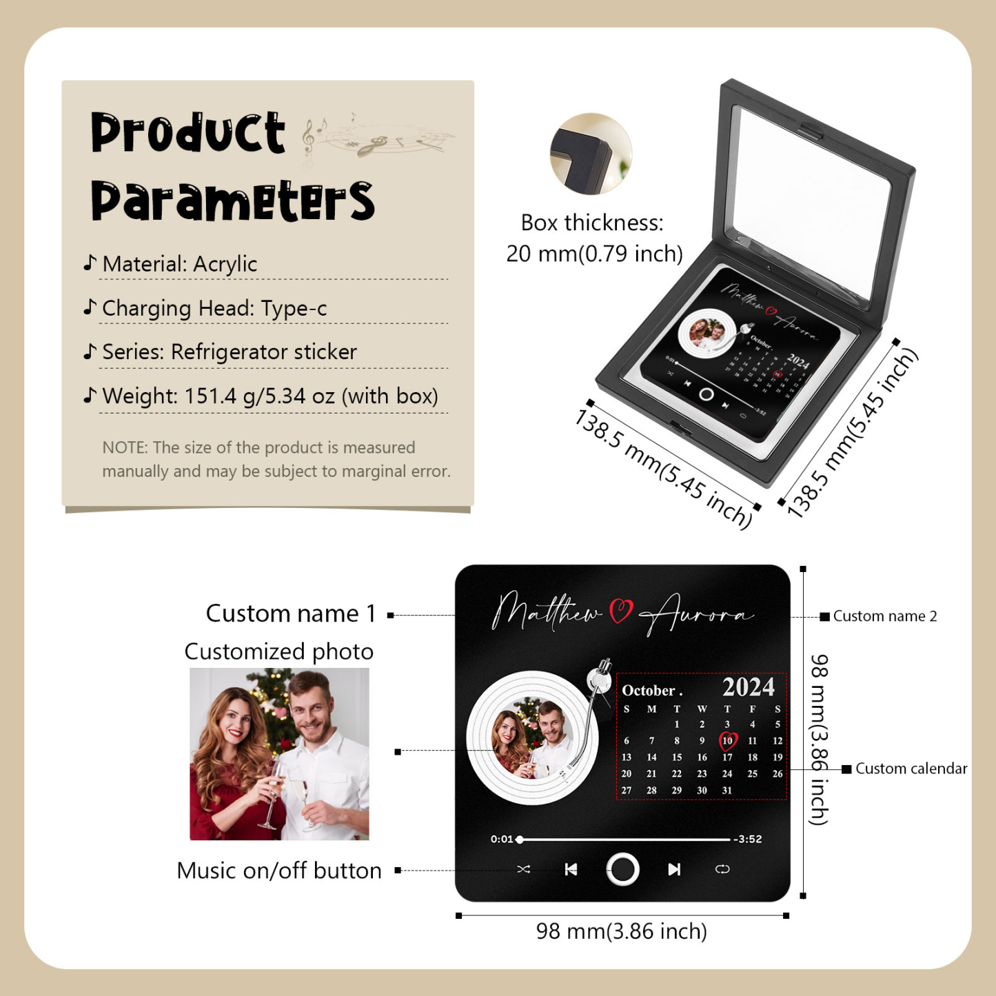 Personalised Music Fridge Magnet with Photo Date and 2 Names Unique Gift for Couples