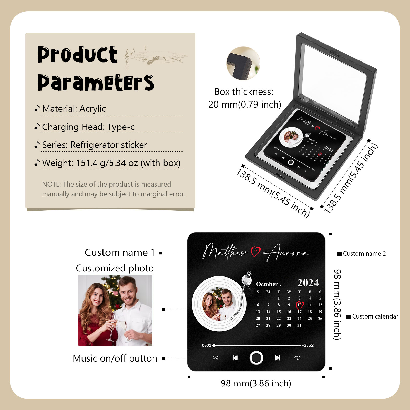 Personalised Music Fridge Magnet with Photo Date and 2 Names Unique Gift for Couples