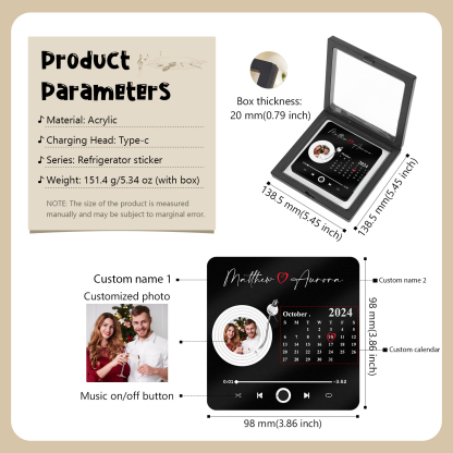 Personalised Music Fridge Magnet with Photo Date and 2 Names Unique Gift for Couples