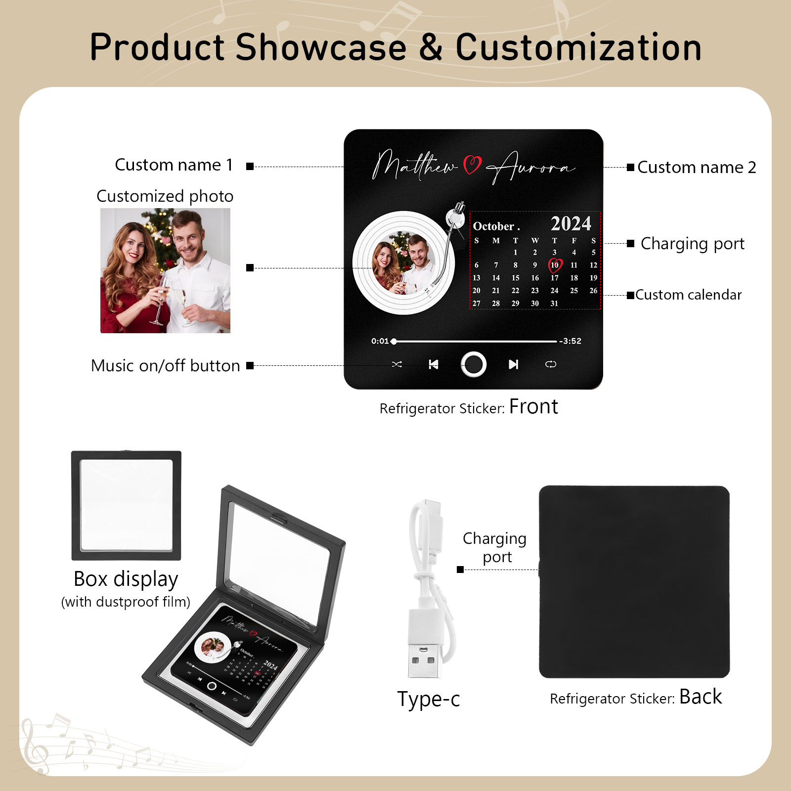 Personalised Music Fridge Magnet with Photo Date and 2 Names Unique Gift for Couples