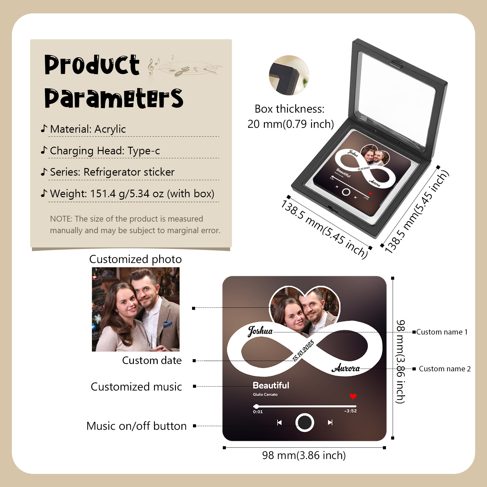 Personalised Infinity Album Music Fridge Magnet with Custom Photo 2 Names and Date Plays Songs