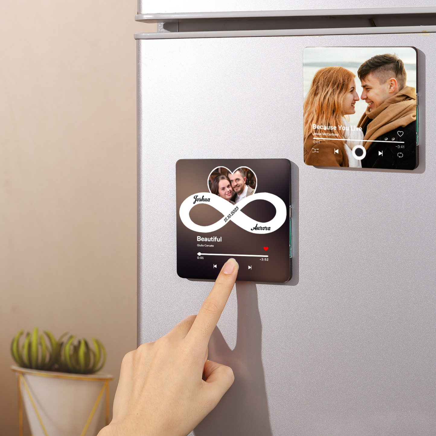 Personalised Infinity Album Music Fridge Magnet with Custom Photo 2 Names and Date Plays Songs