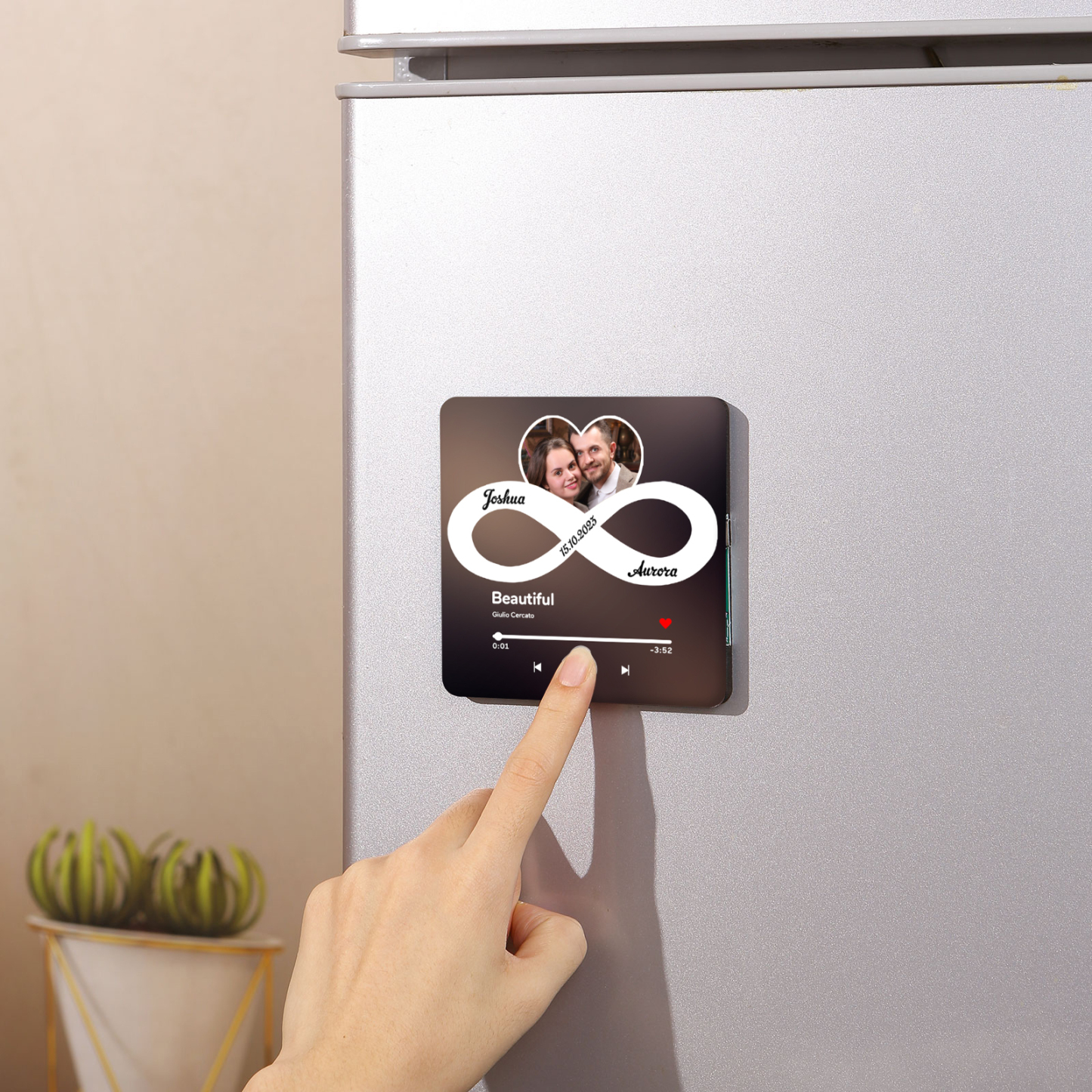 Personalised Infinity Album Music Fridge Magnet with Custom Photo 2 Names and Date Plays Songs