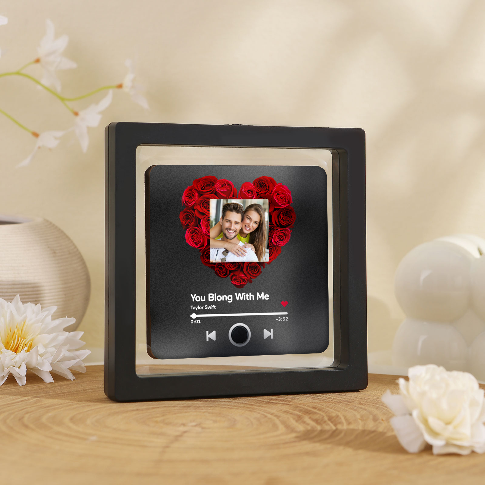 Personalised Album Music Fridge Magnet Heart Shaped with Roses Custom Photo & Song Gift for Couple
